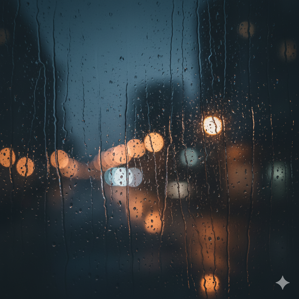 Rain on a window, representing a state of grief